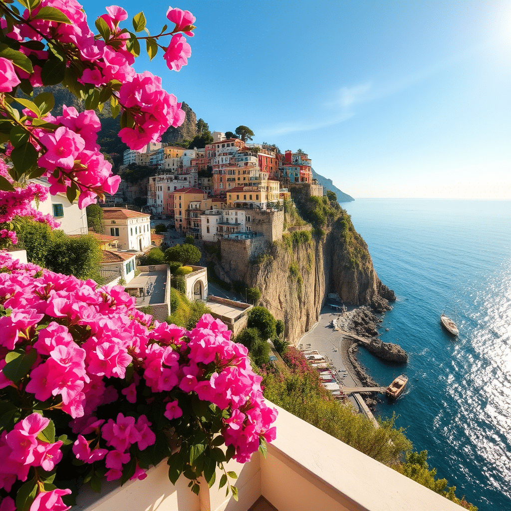 Vue panoramique sur la spectaculaire côte amalfitaine en Italie au printemps. La photo capture une magnifique terrasse fleurie surplombant les eaux turquoise de la mer Méditerranée, avec en arrière-plan les maisons colorées de Positano accrochées à la falaise. Les bougainvilliers roses en pleine floraison encadrent la vue, tandis que quelques bateaux de pêche traditionnels naviguent dans la baie en contrebas. La lumière dorée du matin illumine parfaitement ce paysage idyllique, loin des foules estivales.