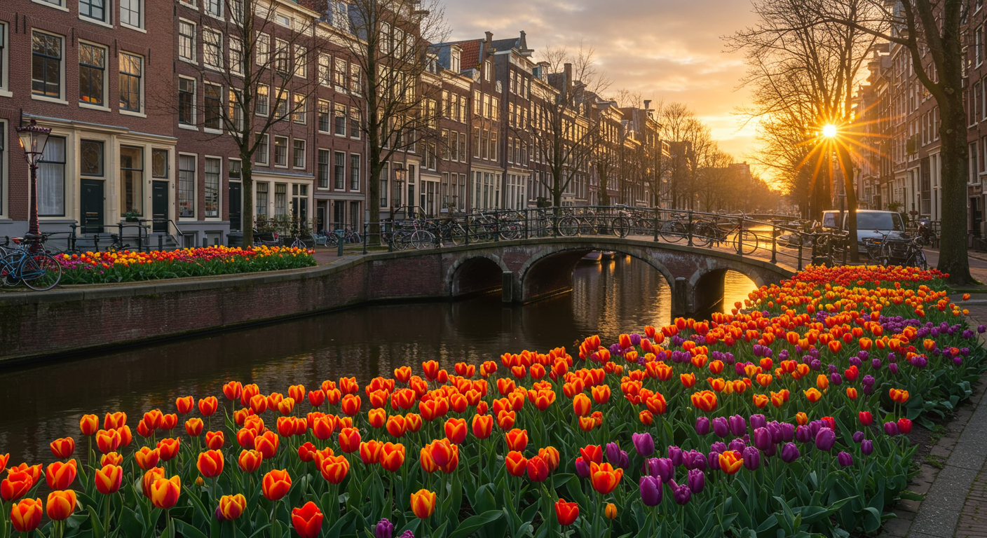 Canal Amsterdam au printemps avec tulipes